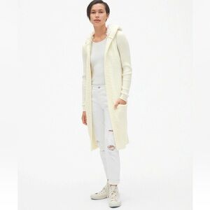 Gap Longline Sherpa Lined Hood Sweater Vest Cream Medium Ivory Frost NWOT